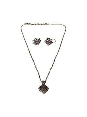 Vintage Pewter and Purple Amethyst Stone 2-Piece Necklace and Earring Set